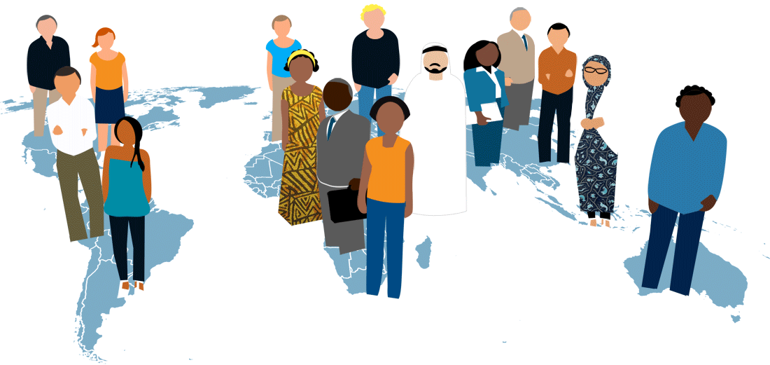 Illustration of a map of the world with lots of different kinds of people standing on it