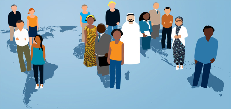 Illustration of a map of the wolrd with different kinds of people standing on it